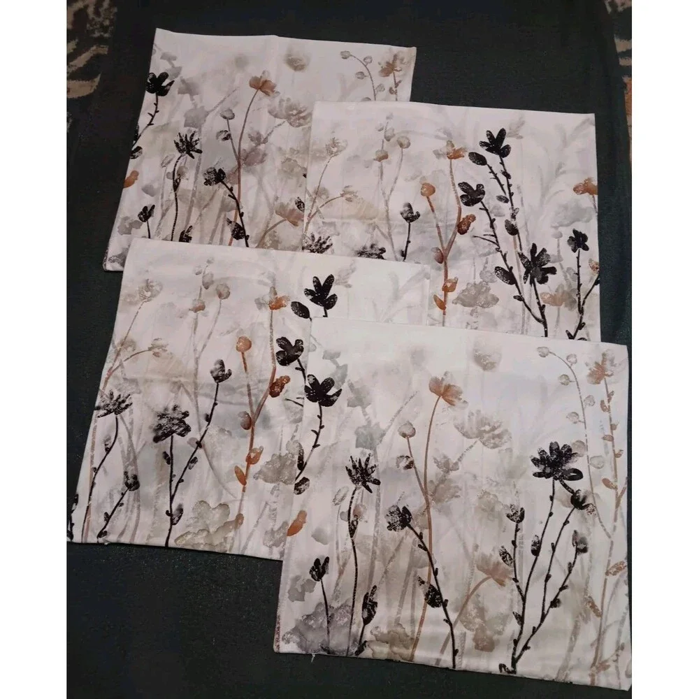 4 Pack Set Pillow Covers Grey White Gold Flowers Floral Pillowcases Couch Square